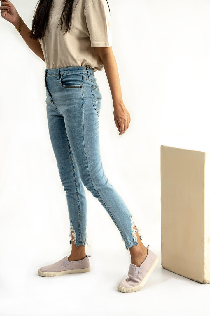 Skinny Fit Ripped Hem Jeans