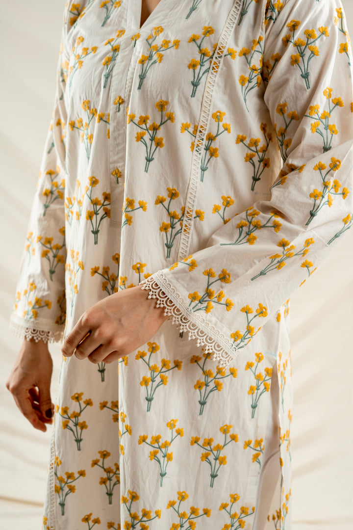 Yellow Floral Embroidered Kurta